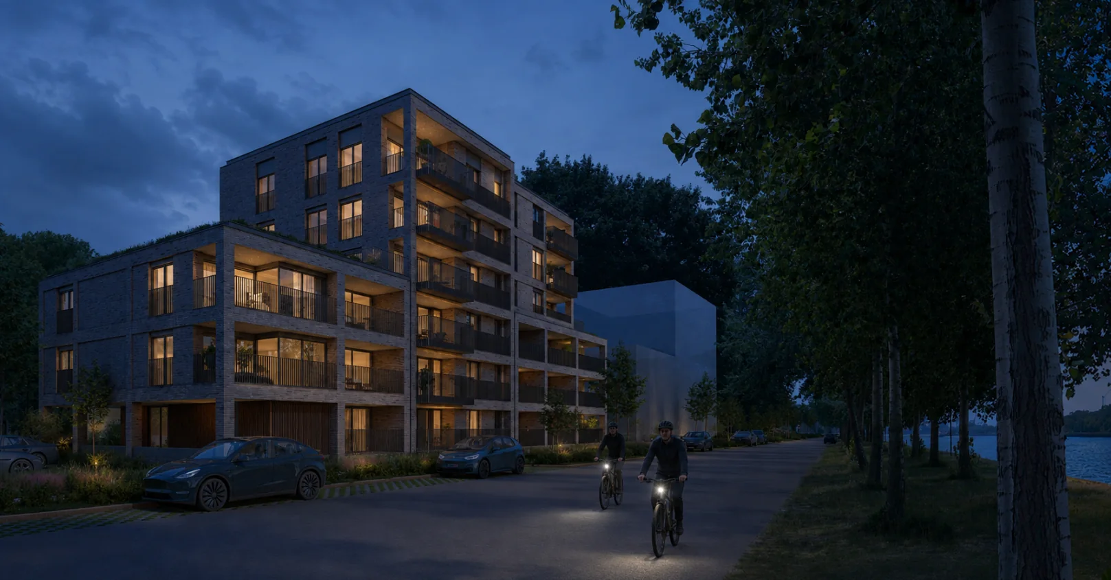 Residentie Waterkant langs het kanaal in avondsfeer